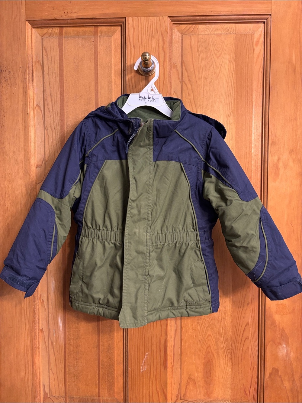 L.L. Bean Kids Two-Tone Hooded Puffer Jacket in Olive Green & Navy